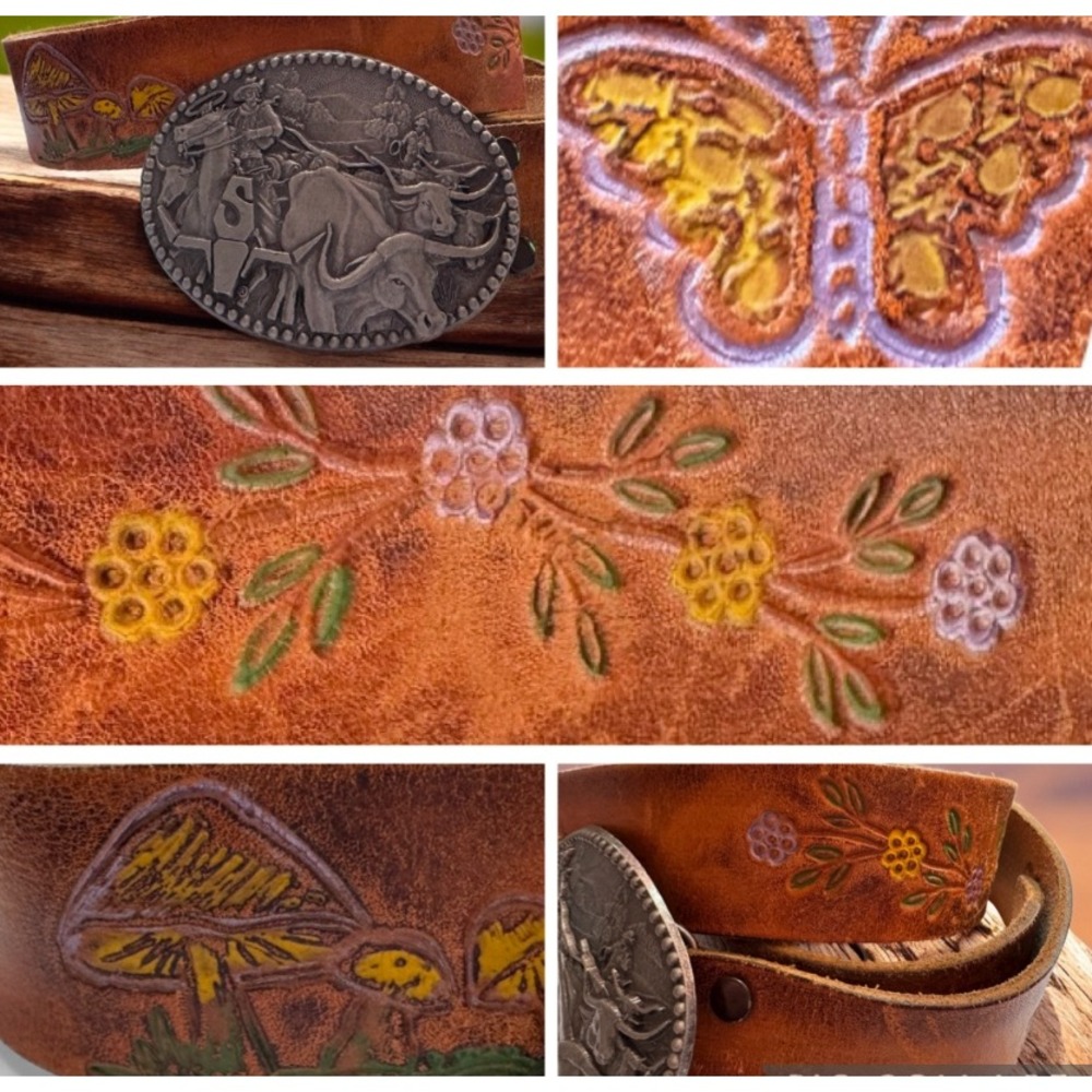 70s Vtg sz 34 Painted Mushroom Butterfly Floral Tooled Leather Belt W/Zee Buckle